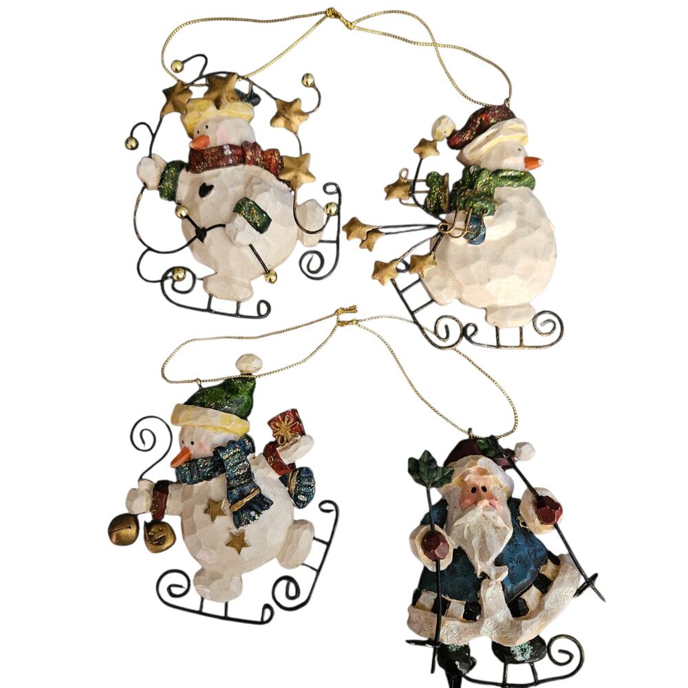 Primitive Folk Art Resin Snowman Santa Christmas Ice Skate Ornaments Set of 4